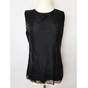 DKNY Black Silk Beaded Mesh Layered Sleeveless Top